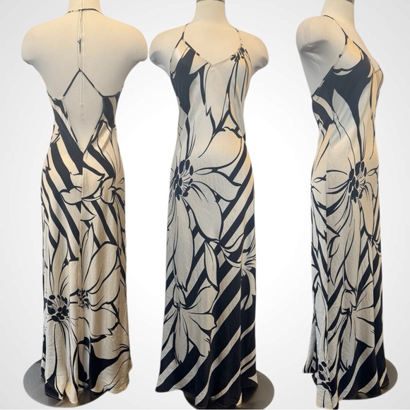 2001 Victoria’s Secret Silk Bold Floral Cream Black Halter Maxi Gown Slip Dress - Picture 7 of 7
